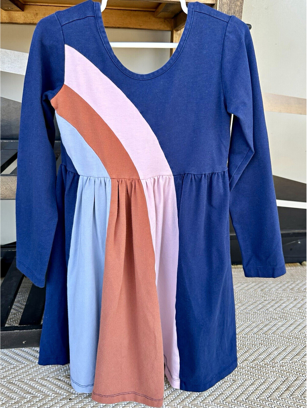 Hanna Andersson Girls Blue Colorblock Knit Long Sleeve Fit & Flare Dress 5
